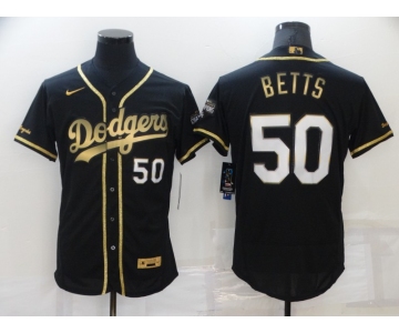 Men's Los Angeles Dodgers #50 Mookie Betts Black 2020 Champions Golden Edition Stitched Flex Base Nike Jersey