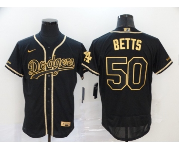 Men's Los Angeles Dodgers #50 Mookie Betts Black With Gold Stitched MLB Flex Base Nike Jersey