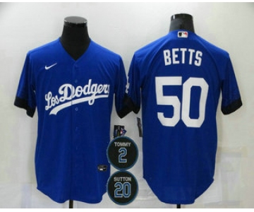 Men's Los Angeles Dodgers #50 Mookie Betts Blue #2 #20 Patch City Connect Cool Base Stitched Jersey