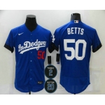 Men's Los Angeles Dodgers #50 Mookie Betts Blue #2 #20 Patch City Connect Flex Base Stitched Jersey