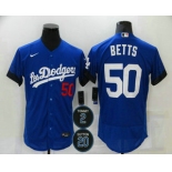 Men's Los Angeles Dodgers #50 Mookie Betts Blue #2 #20 Patch City Connect Flex Base Stitched Jersey