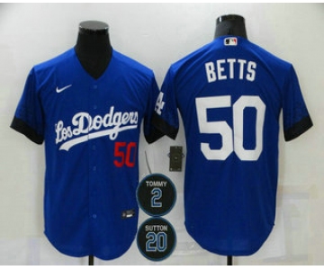 Men's Los Angeles Dodgers #50 Mookie Betts Blue #2 #20 Patch City Connect Number Cool Base Stitched Jersey