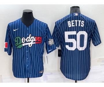 Men's Los Angeles Dodgers #50 Mookie Betts Navy Blue Pinstripe 2020 World Series Cool Base Nike Jersey