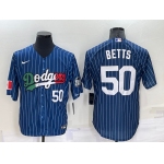 Men's Los Angeles Dodgers #50 Mookie Betts Number Navy Blue Pinstripe 2020 World Series Cool Base Nike Jersey