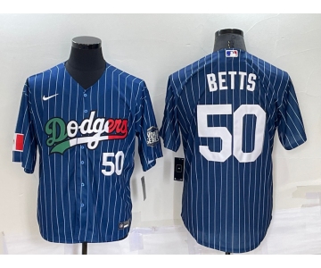 Mens Los Angeles Dodgers #50 Mookie Betts Number Navy Blue Pinstripe 2020 World Series Cool Base Nike Jersey