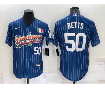 Men's Los Angeles Dodgers #50 Mookie Betts Number Rainbow Blue Red Pinstripe Mexico Cool Base Nike Jersey