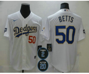 Men's Los Angeles Dodgers #50 Mookie Betts Red Number White Gold #2 #20 Patch Stitched MLB Cool Base Nike Jersey