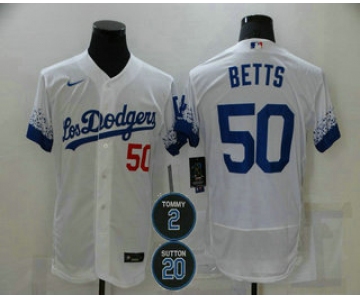 Men's Los Angeles Dodgers #50 Mookie Betts White #2 #20 Patch City Connect Flex Base Stitched Jersey