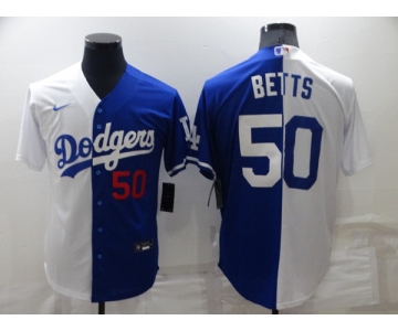 Mens Los Angeles Dodgers #50 Mookie Betts White Blue Split Cool Base Stitched Baseball Jersey