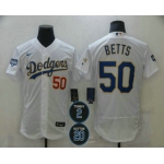 Men's Los Angeles Dodgers #50 Mookie Betts White Gold #2 #20 Patch Flex Base Sttiched MLB Jersey