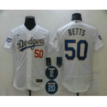 Men's Los Angeles Dodgers #50 Mookie Betts White Gold #2 #20 Patch Flex Base Sttiched MLB Jersey