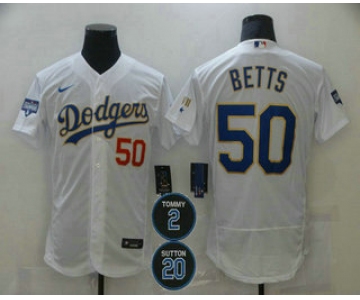 Men's Los Angeles Dodgers #50 Mookie Betts White Gold #2 #20 Patch Flex Base Sttiched MLB Jersey