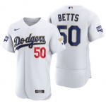 Men's Los Angeles Dodgers #50 Mookie Betts White Gold Championship Flex Base Sttiched MLB Jersey