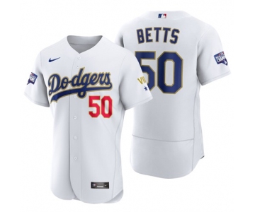 Men's Los Angeles Dodgers #50 Mookie Betts White Gold Championship Flex Base Sttiched MLB Jersey