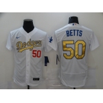 Men's Los Angeles Dodgers #50 Mookie Betts White Gold Sttiched Nike MLB Flex Base Jersey