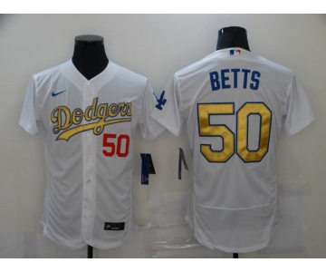 Men's Los Angeles Dodgers #50 Mookie Betts White Gold Sttiched Nike MLB Flex Base Jersey