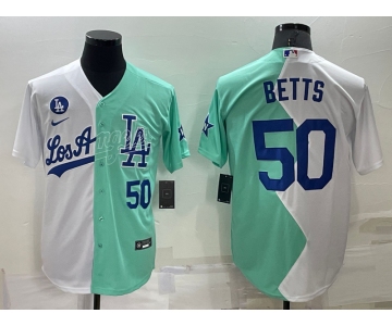 Men's Los Angeles Dodgers #50 Mookie Betts White Green Number 2022 Celebrity Softball Game Cool Base Jersey1