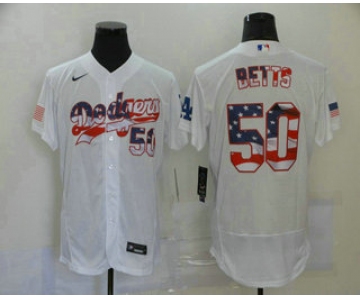 Men's Los Angeles Dodgers #50 Mookie Betts White USA Flag Stitched MLB Flex Base Nike Jersey