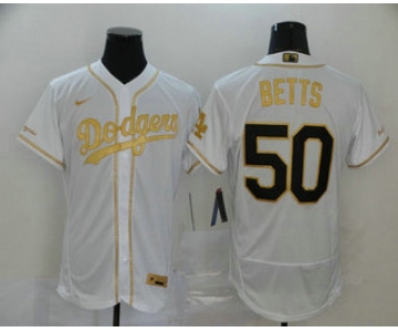 Men's Los Angeles Dodgers #50 Mookie Betts White With Gold Stitched MLB Flex Base Nike Jersey