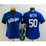 Women's Los Angeles Dodgers #50 Mookie Betts Blue #2 #20 Patch City Connect Cool Base Stitched Jersey