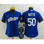 Women's Los Angeles Dodgers #50 Mookie Betts Blue #2 #20 Patch City Connect Cool Base Stitched Jersey