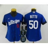 Women's Los Angeles Dodgers #50 Mookie Betts Blue #2 #20 Patch City Connect Number Cool Base Stitched Jersey