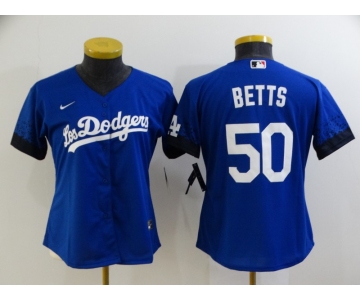 Women's Los Angeles Dodgers #50 Mookie Betts Blue 2021 City Connect Cool Base Stitched Jersey