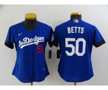 Women's Los Angeles Dodgers #50 Mookie Betts Blue 2021 City Connect Number Cool Base Stitched Jersey