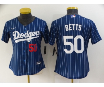 Women's Los Angeles Dodgers #50 Mookie Betts Navy Blue Pinstripe Stitched MLB Cool Base Nike Jersey