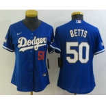 Women's Los Angeles Dodgers #50 Mookie Betts Red Number Blue Gold Championship Stitched MLB Cool Base Nike Jersey