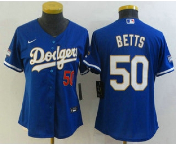 Women's Los Angeles Dodgers #50 Mookie Betts Red Number Blue Gold Championship Stitched MLB Cool Base Nike Jersey