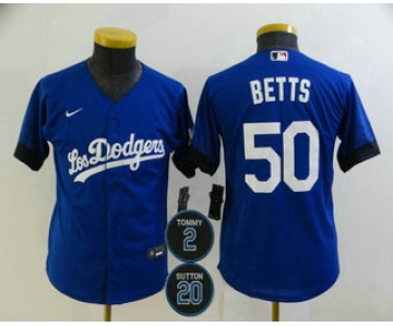 Youth Los Angeles Dodgers #50 Mookie Betts Blue #2 #20 Patch City Connect Cool Base Stitched Jersey