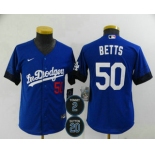 Youth Los Angeles Dodgers #50 Mookie Betts Blue #2 #20 Patch City Connect Number Cool Base Stitched Jersey