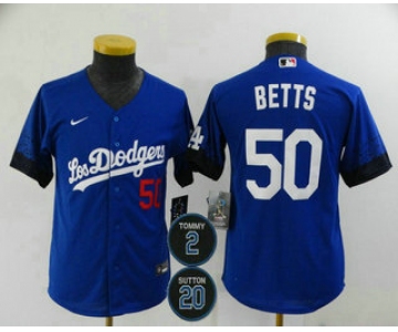 Youth Los Angeles Dodgers #50 Mookie Betts Blue #2 #20 Patch City Connect Number Cool Base Stitched Jersey