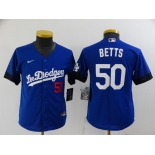 Youth Los Angeles Dodgers #50 Mookie Betts Blue 2021 City Connect Number Cool Base Stitched Jersey