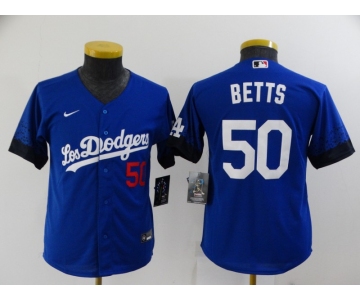 Youth Los Angeles Dodgers #50 Mookie Betts Blue 2021 City Connect Number Cool Base Stitched Jersey