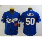 Youth Los Angeles Dodgers #50 Mookie Betts Red Number Blue Gold Championship Stitched MLB Cool Base Nike Jersey