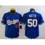 Youth Los Angeles Dodgers #50 Mookie Betts Red Number Blue Gold Championship Stitched MLB Cool Base Nike Jersey