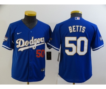 Youth Los Angeles Dodgers #50 Mookie Betts Red Number Blue Gold Championship Stitched MLB Cool Base Nike Jersey