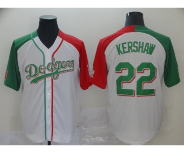 Dodgers #22 Clayton Kershaw White Red Green Split Cool Base Stitched Baseball Jersey