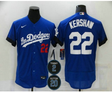 Men's Los Angeles Dodgers #22 Clayton Kershaw Blue #2 #20 Patch City Connect Flex Base Stitched Jersey