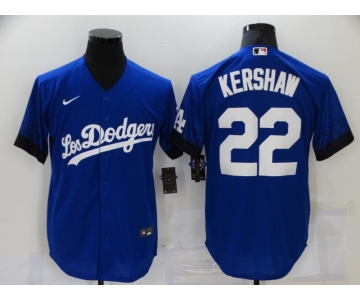 Men's Los Angeles Dodgers #22 Clayton Kershaw Blue 2021 City Connect Cool Base Stitched Jersey