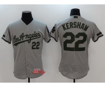 Men's Los Angeles Dodgers #22 Clayton Kershaw Gray with Green Memorial Day Stitched MLB Majestic Flex Base Jersey