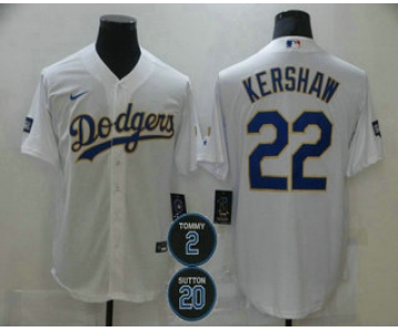 Men's Los Angeles Dodgers #22 Clayton Kershaw White Gold #2 #20 Patch Stitched MLB Cool Base Nike Jersey
