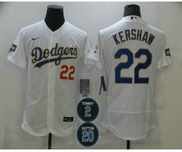 Men's Los Angeles Dodgers #22 Clayton Kershaw White Gold #2 #20 Patch Stitched MLB Flex Base Nike Jersey