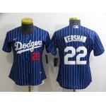 Women's Los Angeles Dodgers #22 Clayton Kershaw Navy Blue Pinstripe Stitched MLB Cool Base Nike Jersey