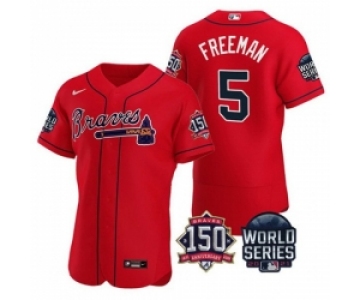 Men Atlanta Braves 5 Freddie Freeman 2021 Red World Series With 150th Anniversary Patch Stitched Baseball Jersey