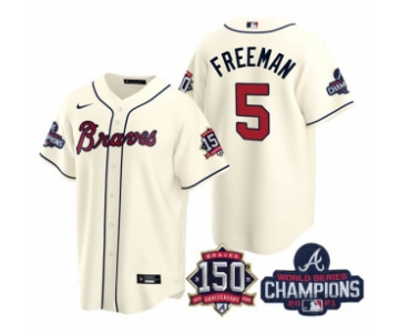 Men's Cream Atlanta Braves #5 Freddie Freeman 2021 World Series Champions With 150th Anniversary Patch Cool Base Stitched Jersey