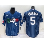 Mens Los Angeles Dodgers #5 Freddie Freeman Number Navy Blue Pinstripe 2020 World Series Cool Base Nike Jersey