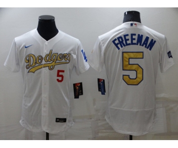 Men's Los Angeles Dodgers #5 Freddie Freeman White Gold Flex Base Stitched Jersey